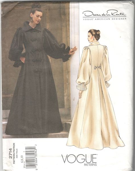 Vogue 2714, Misses/ Misses Petite Coatdress: Fitted, flared, lined coatdress, floor length, has collar, shoulder pads, front extending to side back no side seams, front and back pleats, conceal side front pockets, snap closing and longer than regular length sleeves with pleated cap and lower edge; pleated and gathered ruffles with binding. Purchased decorative frog closures for front and back. copyright 2002 Designer Oscar de la Renta - American Designer Size: 6 - 8 - 10 Bust: 30 1/2 - 31 1/2 - Vogue Sewing, Vogue Sewing Patterns, Vogue Pattern, Vogue Patterns, Womens Sewing Patterns, Fashion Sewing Pattern, Sewing Pattern Sizes, Dress Sewing Pattern, Steampunk Fashion