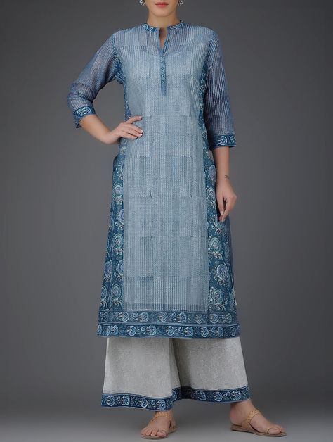 Indigo Block-Printed Mandarin Collar Chanderi Kurta with Cotton Slip (Set of 2) Kurti Neckline, Plazo Kurti, Kurti Blouse, Kurta Patterns, Designer Kurti Patterns, Simple Kurti Designs, Salwar Designs, Kurti Designs Latest, Long Kurti Designs