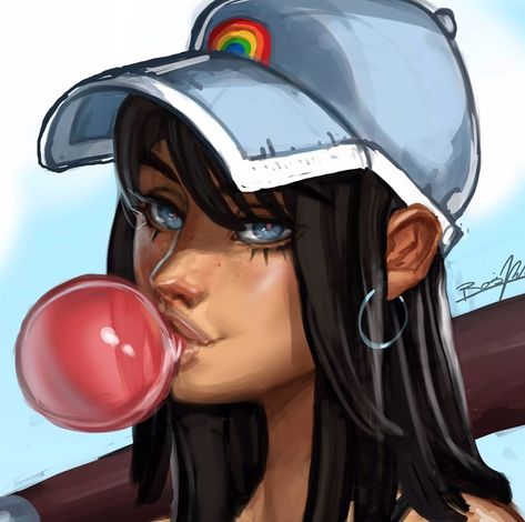 Chewing Reference, Chewing Gum Drawing, Girl Chewing Gum, Sleepy Character, Buble Gum, Blowing Bubble Gum, Female Drawing, Female Reference, Comic Characters