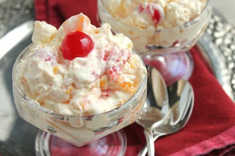 Recipe of the Day: Ambrosia Salad Pineapple Fluff, Fruit Salad With Marshmallows, Ambrosia Recipe, Ambrosia Fruit Salad, Hawaiian Recipes, Church Anniversary, Strawberry Pretzel Salad, Canned Fruit, Ambrosia Salad