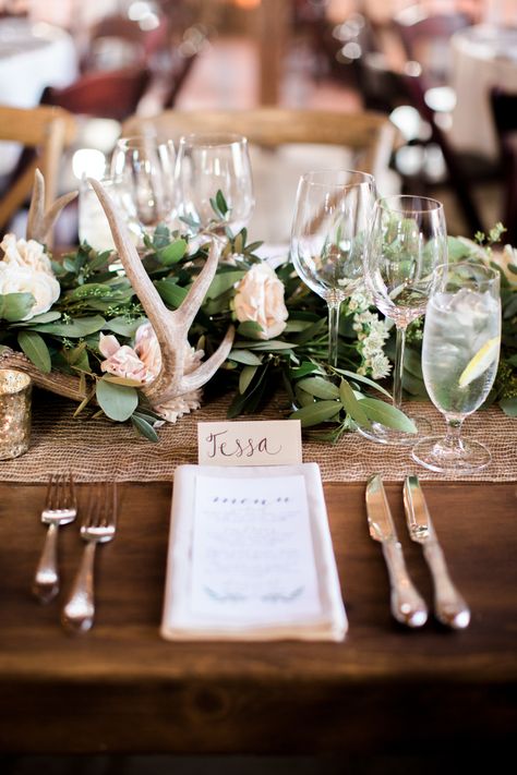 Photography: Brittrene Photo   brittrenephoto.com Photography: Britt Rene Photo   brittrenephoto.com   View more: http://stylemepretty.com/vault/gallery/38379 Antler Wedding Decor, Garland Centerpiece, Wedding Table Garland, Santa Lucia Preserve, Antler Wedding, Table Garland, Rustic Table Decor, Foliage Wedding, Rustic Wedding Centerpieces