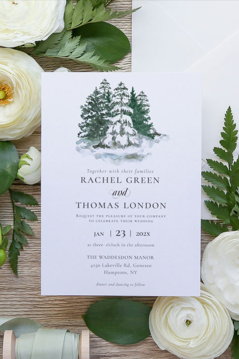 Set the tone for your winter wedding with our Winter Rustic Watercolor Pine Trees Wedding Invitation. Featuring stunning watercolor pine trees in soft blue hues, this design captures the serene beauty of the winter season. The delicate blend of rustic charm and natural elegance makes this invitation perfect for couples looking to celebrate their love amidst a wintry backdrop. Personalize it with your details and invite your guests to join you for a magical winter wedding. Save The Date Winter Wedding, Winter Wedding Stationery, Watercolor Pine Trees, Trees Wedding, Tree Wedding Invitations, Rustic Watercolor, Watercolor Green, Magical Winter, Winter Wedding Invitations