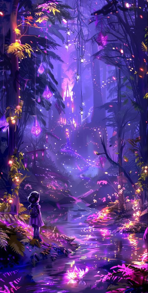 Transform your iPhone with a wallpaper that opens a gate to a fantasy world. In this cartoon-style magical forest, glowing flowers and sparkling streams create a realm where mystical creatures roam. A lone figure stands before an enchanted river, ancient oaks with pink blossoms framing the scene. The bright color palette of this concept art brings the magic to your screen, making every glance an escape to an enchanted world. #FantasyWorld #MagicalForestWallpaper #EnchantedRiver #iPhoneWallpaper Wallpaper Iphone Fantasy World, Magic Fantasy World, Bright Fantasy Art, Glowing Flowers Wallpaper, Pink Fantasy World, Bright Fantasy Aesthetic, Fantasy Background Magic, Magical World Aesthetic, Fantasy World Wallpaper