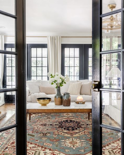 Black French Doors Interior, Painting French Doors, Paint French Doors, French Door Decor, Painted French Doors, Dining Room French Doors, Door Update, Black French Doors, Havenly Living Room