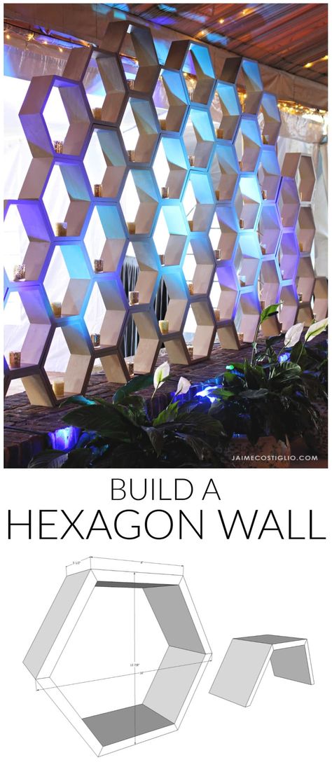 A DIY tutorial to build a hexagon wall. I'll show you how to make this eye catching feature wall for your next event using hexagons. Hexagon Sculpture, Hexagon Wall Design, Hexagon Accent Wall, 1950 Home Decor, Honeycomb Wall Decor, Hexagon Diy, Pinboard Ideas, Hexagon Wall Art, Hexagon Wall Tiles