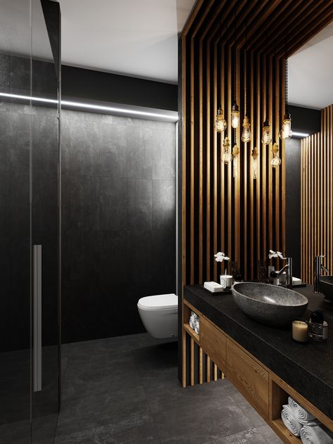 Black And Timber Bathroom, Restroom Decor Ideas, Bathroom Lighting Design, Bath Mirror, Restroom Decor, Bathroom Design Decor, Toilet Design, Bathroom Design Luxury, Decor Ideas Diy