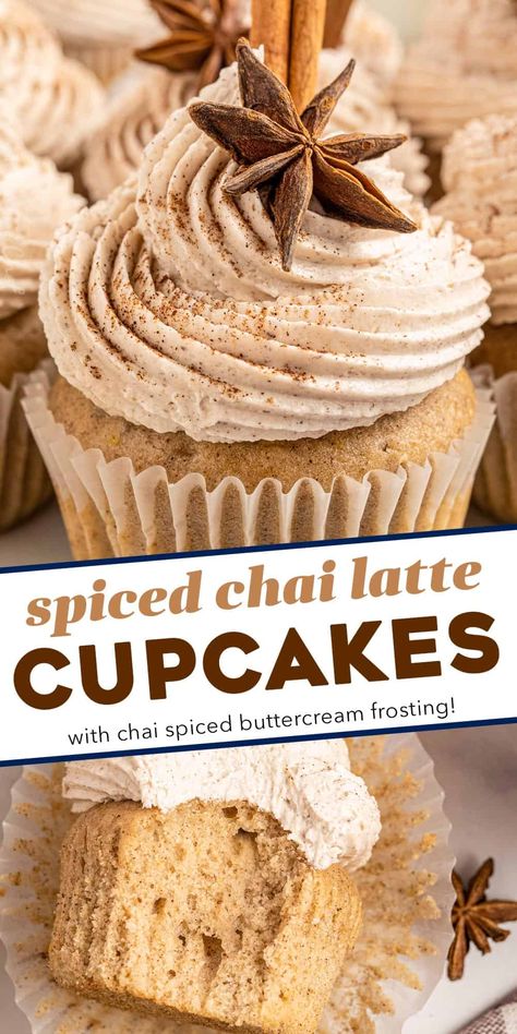 These Chai Latte Cupcakes are the perfect blend of fluffy, soft, and moist. Topped with a generous swirl of a chai-spiced buttercream frosting, they taste just like a chai latte from your favorite coffee shop, and are perfect for the Fall season! Chai Cupcakes With Cream Cheese Frosting, Chai Spice Cupcakes, Sourdough Chai Cupcakes, Chai Tea Baking Recipes, Gluten Free Chai Cupcakes, Call Dessert Recipes, Chai Tea Desserts, Fall Time Desserts, Witchy Baking Recipes