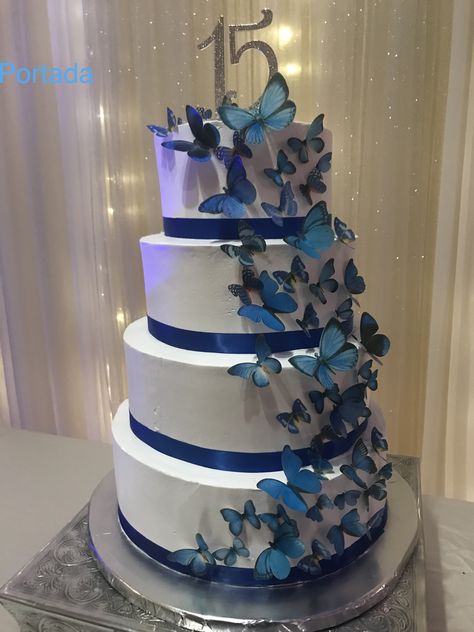 Butterfly Quinceañera cake Quinceanera Cakes Butterflies, Royal Blue Butterfly Quinceanera Cake, Blue Butterfly Cake, Butterfly 15 Theme Blue, Blue Butterfly Quinceanera Theme Cake, Blue Butterfly Quinceanera Theme Crown, Cake Quinceanera, Quinceanera Blue, Butterfly Theme Cake