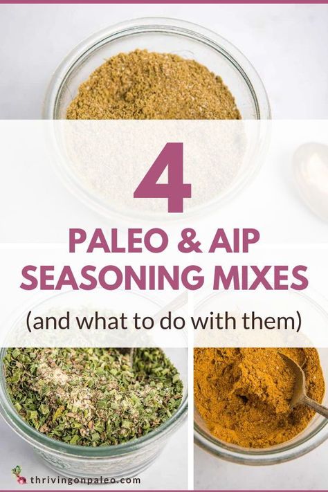 Seasoning mixes can often be one of the fastest ways to get an incredibly flavorful meal on the table – which is great when trying to figure out a new way to spice up the same old meats and veggies. These four Paleo and AIP seasoning mixes will take the boring out of dinner. If you find this recipe helpful, you may really enjoy the resources in my Paleo & AIP Freebie Library! Find a list of AIP-compliant dinner recipes, and so much more. Plus, you'll get even more ideas sent to your inbox! Aip Seasoning Recipes, Aip Steak Seasoning, Aip Marinades, Aip Seasoning, Aip Crockpot Recipes, Aip Spices, Aip Dinner Recipes, Aip Condiments, Aip Salads