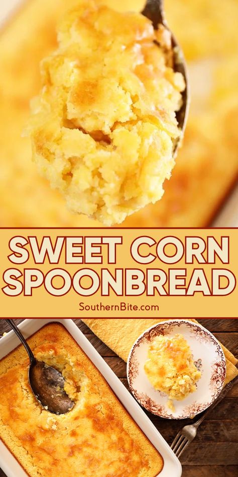 Looking for a quick and easy side dish to steal the show at your Thanksgiving dinner? Try my drool-worthy Sweet Corn Spoon Bread made with canned corn and Jiffy muffin mix. Just dump, stir, and bake for a crazy delicious dish that your whole family will love. Sweet Corn Spoon Bread, Holiday Vegetables, Corn Spoonbread, Corn Spoon Bread, Sweet Corn Casserole, Sweet Corn Pudding, Corn Souffle, Spoon Bread, Corn Pudding