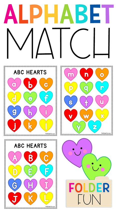 Free printable alphabet matching game for kids! Students work on letter recognition as they match the uppercase letters to the lowercase letters in this free printable file folder game. Great for learning centers. Alphabet File Folder Free Printables, Heart Alphabet Letters Printable, Alphabet File Folder Games, File Folder Games Free, Alphabet Matching Game, File Folder Games Preschool, Letter Matching Game, Alphabet Letter Matching, Letter Sound Recognition