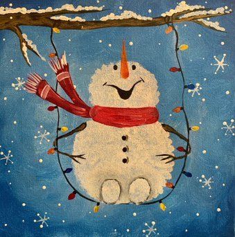 Swinging Snowman Simple Christmas Paintings, Easy Snowman Painting On Wood, Acrylic Painting Snowman, Swinging Snowman Door Decoration, Snowman And Tree Painting, Snowman Canvas Paintings For Kids, Snowman Looking Up Painting, Snowman Swinging On Lights, Wine And Paint Night