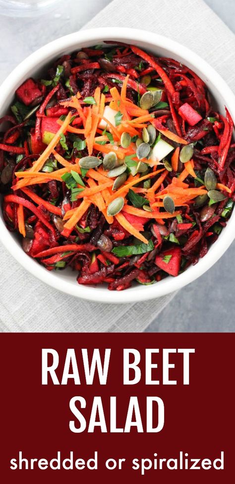 This raw beet salad is crunchy, refreshing, and very filling. It's made with shredded or spiralized fresh beets with a very simple dressing. It's perfect as a side salad or cold side dish. This healthy recipe is very easy to make and is ideal for meal-prep. #beets #salad #recipe #cleaneating #vegan Raw Beet Salad, Raw Vegetables Recipes, Spiralized Beets, Spiral Vegetable Recipes, Red Beets Salad, Beets Salad, Beet Salad With Feta, Beetroot Recipes, Beet Salad Recipes