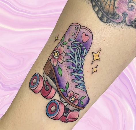 Traditional Roller Skate Tattoo, Roller Skates Tattoo, Pink American Traditional Tattoo, Rollerskate Tattoo, Roller Skate Tattoo, Roller Derby Tattoo, Skate Tattoo, Cup Tattoo, Vegan Tattoo