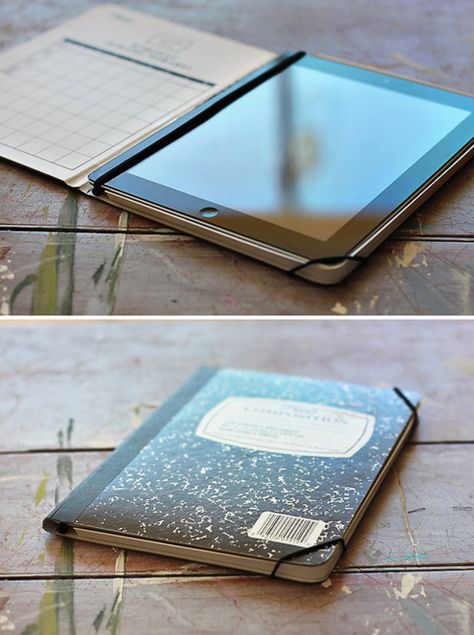 DIY - How to Make a Stylish iPad Case from a Notebook. Easy. You could do this so many different ways too. With construction paper on the outside of the composition book of even with paint. Diy Ipad Case, Ipad Notebook, Teknologi Gadget, Desain Pantry, Kids Holiday Gifts, Diy Father's Day Gifts, Diy Holiday Gifts, Ipad 3, Quick Diy