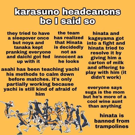 Karasuno Headcanons, Haikyu Head Cannons, Anime Headcanons, Haikyuu Headcanons, Volleyball Boys, Head Cannons, Haikyuu Boys, Haikyuu Memes, Volleyball Anime