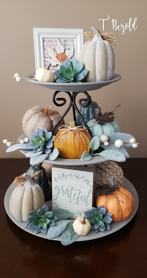 Three Tiered Tray, Dollar Tree Fall Decor, Dollar Tree Fall Decor Diy, Pumpkin Centerpiece, Fall Decor Dollar Tree, Dollar Tree Fall, Tiered Tray Diy, Halloween Decorations Diy Outdoor, Diy Dollar Tree Decor