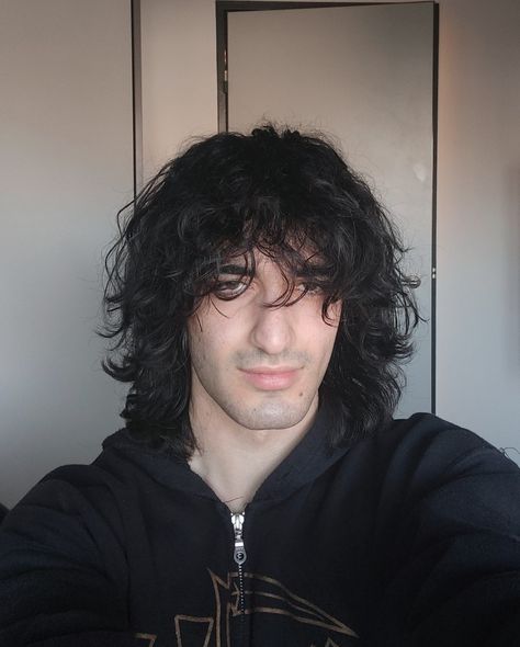 Long hair, emo hair, curly hair, goth hair, metalhead hair, shag, wolf cut Emo Hair Curly, Emo Hair Men, Emo Curly Hair, Black Wolf Cut, Hair Wolf Cut, Long Hair Black, Goth Hair, Honey Hair, Wolf Cut