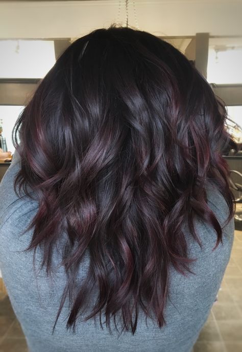 Purple storm Black And Plum Hair Ombre, Black Hair With Dark Purple Balayage, Black Hair With Deep Purple Highlights, Bayalage Brunette Mid Length, 2023 Women Hair Color, Dark Hair With Dark Purple Highlights, Dark Hair Purple Balayage, Dark Fall Haircolor, Dark Brown Hair With Tint Of Purple