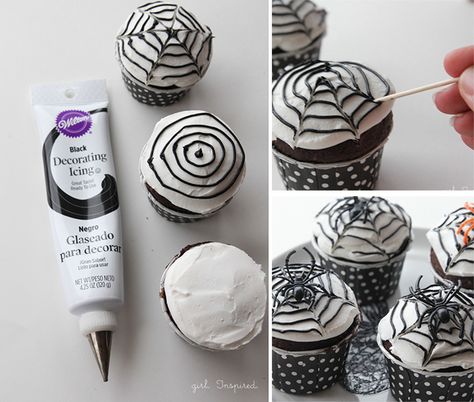 Love this idea from TheGirlInspired.com -- Easy and cute DIY Spider Web Cupcakes for Halloween! Halloween Pastry, Diy Halloween Cupcakes, Halloween Muffin, Halloween Muffins, Decorate Halloween, Halloween Cupcakes Decoration, Halloween Biscuits, Halloween Torte, Halloween Backen