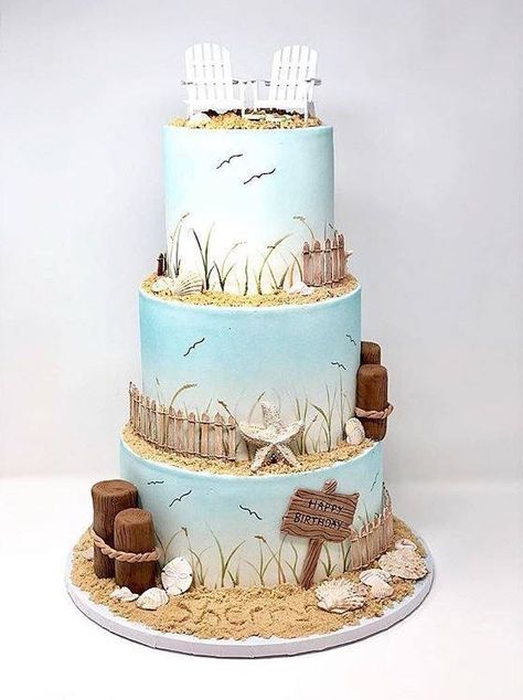 Summer Themed Cakes, Summer Birthday Cake, Beach Birthday Cake, Bicycle Cake, Beach Theme Wedding Cakes, Beach Themed Cakes, Cakes To Make, Ocean Cakes, 70th Birthday Cake