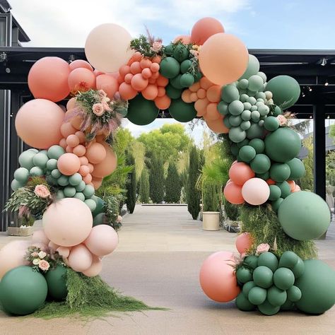 GREEN PEACH BALLOON GARLAND - Double stuffed sage green balloons,peach balloons,blush nude balloons and dusty green balloons make up this baby shower balloon arch.We add pastel orange and green shade balloons to this double stuffed balloon garland for more vivid colors.If you wanna make a rich dusty green orange balloon arch,2-3packs olive green blush balloons kit good to create a bigger party scene. Jungle Safari Party Decorations, Pink Balloon Garland, Blush Balloons, Outdoor Baby Shower, Gold Confetti Balloons, Rose Gold Balloons, Garland Arch, Green Balloon, White Balloons