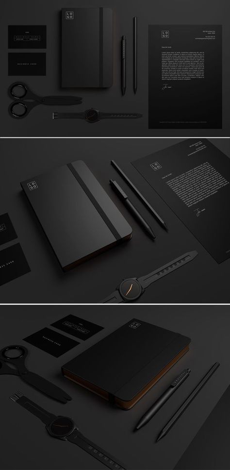 Black Brand Identity, Stationary Design Branding, Mens Stationary, Dark Branding, Brand Identity Template, Black Stationary, Branding Identity Mockup, Branding Stationary, Black Branding