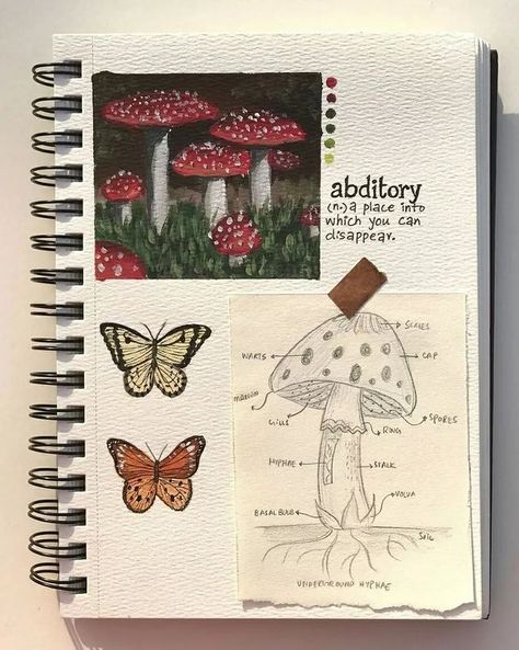 NotebookTherapy.com | bujo 💕 on Instagram: “Swipe for amazing journal art! 👁️🍄✨ which is your fav? Unreal artwork by @the__palette__  ​#notebooktherapy - Shop our 160GSM bujos, tracker…” Color Art Lessons, Butterfly Sketch, Whimsical Art Journal, A Level Art Sketchbook, Bullet Journal Mood Tracker Ideas, Art Tutorials Watercolor, Art Journal Cover, Paper Background Design, Art & Craft Paint