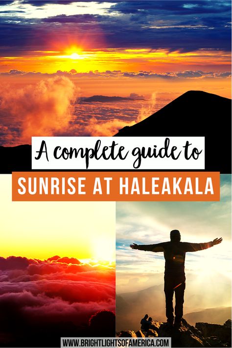 Three photographs in a grid formation. The first photo shows the sun peeking over the horizon with clouds and a mountain in the foreground. The second photo shows the sun rising over fluffy clouds. The third photo shows a man standing on top of a rock with arms outstretched as the sun rises in front of him. Haleakala National Park Sunrise, Maui Sunrise Haleakala, Sunrise Haleakala, Maui Volcano, Maui Sunrise, Hawaii 2023, Haleakala Sunrise, Lavender Coffee, Hawaii Trip Planning