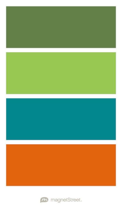 Custom Green, Custom Green, Custom Teal, and Custom Orange Wedding Color Palette - custom color palette created at MagnetStreet.com Color Pallets With Lime Green, Turquoise Orange Green Color Palette, Lime Green Pallete, Lime Color Pallete, Blue Green Orange White Color Palette, Teal Orange Green Color Palette, Bright Green Color Palette Colour Schemes, Lime Green Color Pallete, Bright Olive Green Color Palette