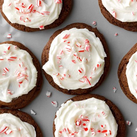 Triple-Chocolate Peppermint Cookies Chocolate Peppermint Cookies Recipe, Peppermint Brownie Cookies, Christmas Confections, Peppermint Oreos, Peppermint Brownie, Peppermint Cookie Recipe, Peppermint Treats, Christmas Aesthetics, Peppermint Sugar Cookies