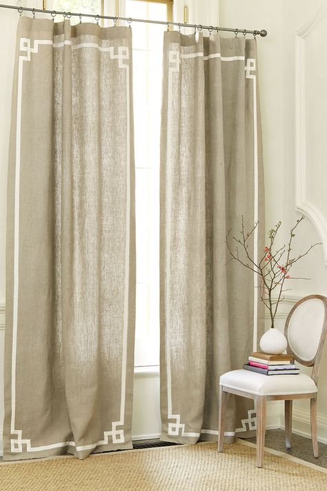 Suzanne Kasler's tape trim drapery panels Suzanne Kasler, Drop Cloth Curtains, Elegant Drapes, Luxury Rooms, Drapery Panels, Diy Curtains, Ballard Designs, Greek Key, Curtain Decor