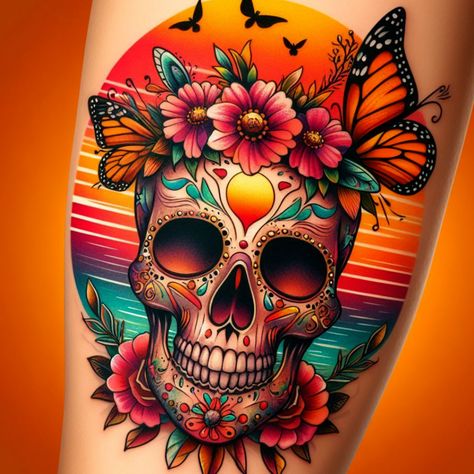 Detailed skull tattoo concepts with stunning intricacy. Get inspired by our collection of unique designs #tattoo #tattoo_for_woman #tattoo_ideas #tattoo_for_man #ai Detailed Skull Tattoo, Day Of The Dead Tattoo Designs, Sugar Skull Sleeve, Pretty Skull Tattoos, Tattoo Art Ideas, Candy Skull Tattoo, Black Light Tattoo, Monarch Butterfly Tattoo, Butterflies Tattoo