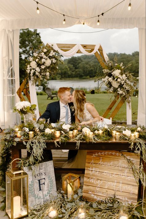 Sweetheart Table Greenery Simple, Sweetheart Table Floor Decor, Sage Sweetheart Table, Brides Table Ideas, Wedding Sweetheart Table Ideas Elegant, Couple Table Wedding, Sweetheart Table Wedding Simple, Sweetheart Table With Greenery, Head Table Greenery