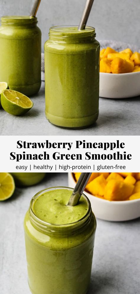 This strawberry pineapple spinach smoothie is packed with vitamin C and antioxidants. It’s also a great source of protein, healthy fats, and fibre, which makes this green smoothie is a super satisfying and filling breakfast option! #smoothie #greensmoothie #breakfast #easyrecipe #healthyrecipe Pineapple Protein Smoothie, Chia Seed Nutrition, Pineapple Spinach Smoothie, Walder Wellness, Strawberry Pineapple Smoothie, Strawberry Spinach, Healthy Green Smoothies, Spinach Smoothie, Pineapple Smoothie