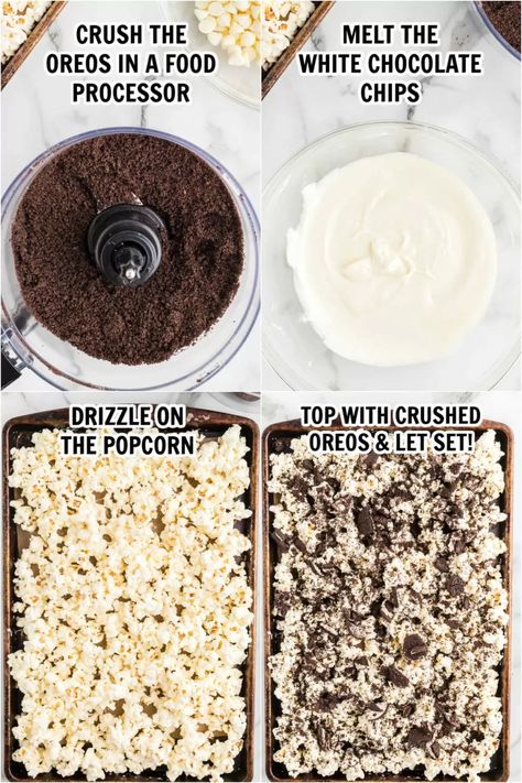 Cookies And Cream Popcorn, Oreo Popcorn Recipe, Candied Popcorn Recipe, Loaded Popcorn, Movie Night Cookies, Fun Popcorn Recipes, Popcorn Dessert Recipes, Movie Night Appetizers, Popcorn Bar Recipes