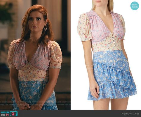 Maddie’s mixed floral print mini dress on Sweet Magnolias.  Outfit Details: https://wornontv.net/186774/ #SweetMagnolias Maddie Townsend Outfits, Maddie Sweet Magnolias Outfits, Maddie Townsend Style, Sweet Magnolias Maddie, Sweet Magnolias Outfits, Maddie Townsend, Joanna Garcia Swisher, Lemon Breeland, Southern Style Outfits