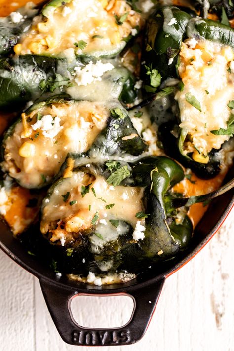 Baked Chile Relleno Recipe, Charred Peppers, Stuffed Chili Relleno Recipe, Chile Relleno Recipe, Relleno Casserole, Chile Relleno Casserole, Poblano Chili, Mexican Seafood, Chili Shrimp