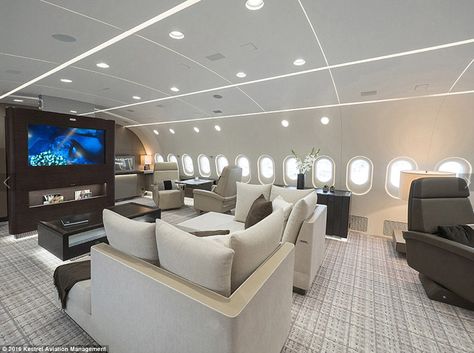 Inside the Dreamliner that's been converted into a private jet with bedrooms, walk-in wardrobes and a CINEMA | Daily Mail Online Boeing Dreamliner, Jets Privés De Luxe, Boeing Business Jet, Private Jet Interior, Jet Privé, Boeing 787 8, Luxury Jets, Boeing 787 Dreamliner, Luxury Private Jets