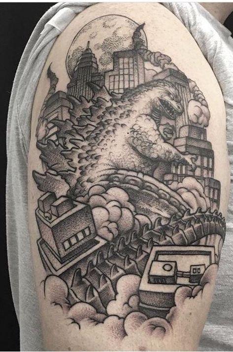 Godzilla Tattoo Sleeve, Traditional Godzilla Tattoo, Kaiju Tattoo, Godzilla Tattoo Design, God Zilla, Nerd Tattoos, Godzilla Tattoo, Tattoo Mistakes, Tattooed Woman