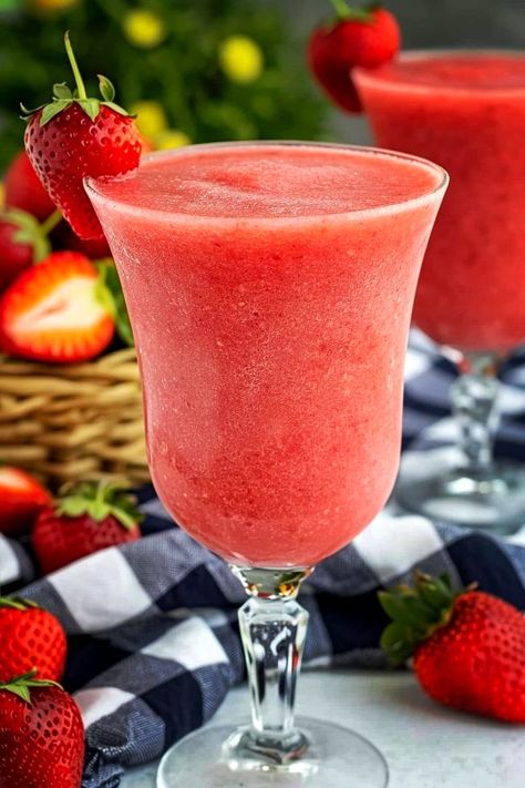 Strawberry Bliss Daiquiri Virgin Strawberry Daiquiri, Strawberry Daiquiri Recipe, Tequila Recipes, Strawberry Bliss, Tequila Recipe, Daiquiri Recipe, Gourmet Snacks, Strawberry Syrup, Strawberry Daiquiri