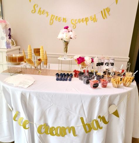 Bridal Shower Ice Cream Bar, Ice Cream Bar Bridal Shower Ideas, All Scooped Up, She Got Scooped Up, She's Been Scooped Up Bridal Shower Theme Decorations, Ice Cream Theme Bridal Shower Ideas, Ice Cream Bridal Shower Ideas Sundae Bar, Ice Cream Bridal Shower Theme, All Scooped Up Bridal Shower Decorations