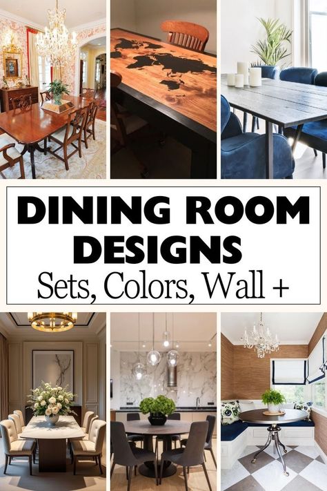 A collage of six dining room designs showcasing various styles and arrangements. The top left features an elegant space with a chandelier and a wooden dining table, surrounded by floral wallpaper. Top center displays a rustic table with a world map design. Top right showcases a modern setting with a wooden table and blue chairs. Bottom left highlights a sophisticated dining area with a flower arrangement. Bottom center features a minimalist design with a round table Dinning Room Furniture Design, Room Ideas Table, Large Art Pieces, Dining Room Furniture Layout, Dramatic Dining Room, Centerpieces Candles, Dinning Room Furniture, Storage Decor, Table Layout