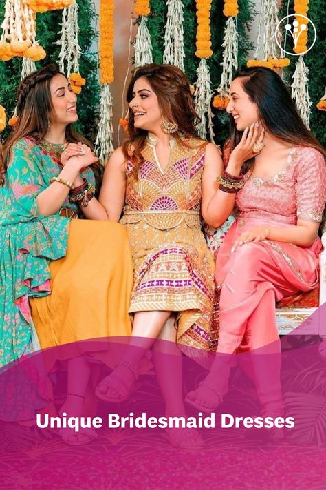 Why wear regular coordinated outfits that the conventional bridesmaids pick when you can do more! Here are 100 of the trending unique bridesmaid dresses for inspiration. Head to the link attached 🔗 Haldi Dress For Bridesmaid, Classy Bridesmaid Dresses, Light Pink Bridesmaid Dresses, Patterned Bridesmaid Dresses, Bridesmaid Outfits, Coordinated Outfits, Lehenga Bridesmaid, Indian Bridesmaid Dresses, Unique Bridesmaid Dresses