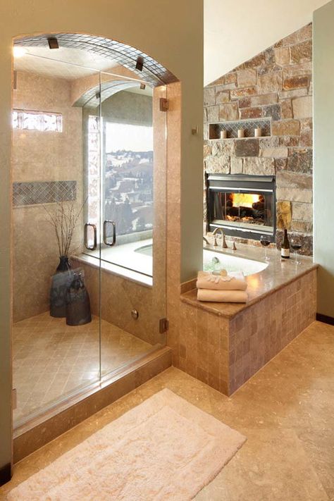 Bathroom Fireplace Ideas-37-1 Kindesign Bathroom Fireplace, Large Bathroom, Rustic Bathroom Designs, Revere Pewter, Steam Showers Bathroom, Stone Walls, Bathroom Design Luxury, Dream Bathrooms, Rustic Bathroom