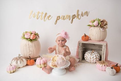 our little pumpkin cake smash, pink, gold and orange first birthday cake smash pictures in columbus ohio Orange First Birthday, Fall 1st Birthdays, Pumpkin Birthday Parties, Cake Smash Pictures, Pumpkin 1st Birthdays, Pumpkin First Birthday, 1st Birthday Party For Girls, 1st Birthday Photoshoot, First Birthday Cake Smash