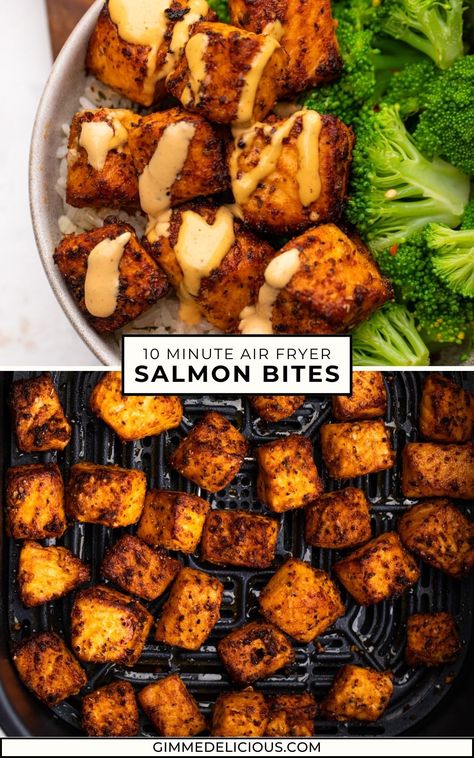 10 Minute Air Fryer Salmon Bites, Salmon Bites Dipping Sauce, Salmon Bites Salad, Salmon Cubes Air Fryer, Cubed Salmon Recipe, Crispy Salmon Bites Air Fryer, Salmon Cubes Recipe, Air Fryer Meal Recipes, Salmon Air Fryer Bites