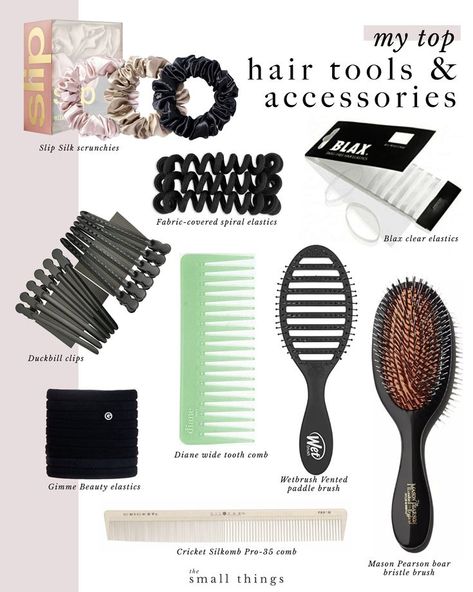 Brushes, combs, elastics, scrunchies, and clips for hairstyling. As a hairstylist who worked in the salon for many years, these are my favorite go-to essentials for styling. There are a few things I’m “ride or die” about when it comes to hairstyling and one of those things is the tools I use. #hairtools #hairstyling | thesmallthingsblog.com The Small Things Blog, Hair Salon Tools, Hairstylist Tools, Small Things Blog, Makeup Artist Kit, Beauty Treats, Professional Hairstylist, The Small Things, Wide Tooth Comb