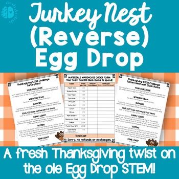 Have fun and encourage critical thinking creativity, and problem-solving with this Turkey Nest STEM Challenge! In the activity, students work in teams to build a "nest" to catch the "turkey egg" so that it doesn't break. Two versions of the activity are included: One where all supplies are made avai... Turkey Trap, Thanksgiving Stem, Turkey Egg, Creative Thinking Skills, Stem Challenge, Egg Drop, Stem Challenges, Stem Activities, Creative Thinking