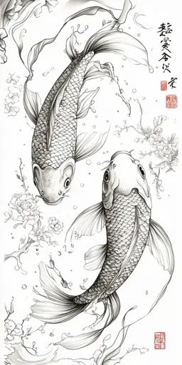 ↑↑↑ Larger size on website 🔸 The image is a black and white line drawing of two koi fish swimming in a pond. The fish are drawn i Koi Fish Painting Black And White, Koi Fish Line Drawing, Koi Fish Drawing Sketches, Fish Pond Drawing, Koi Fish Reference, Koi Fish Drawings, Koi Fish In A Pond, Koi Fish Illustration, Fish In A Pond